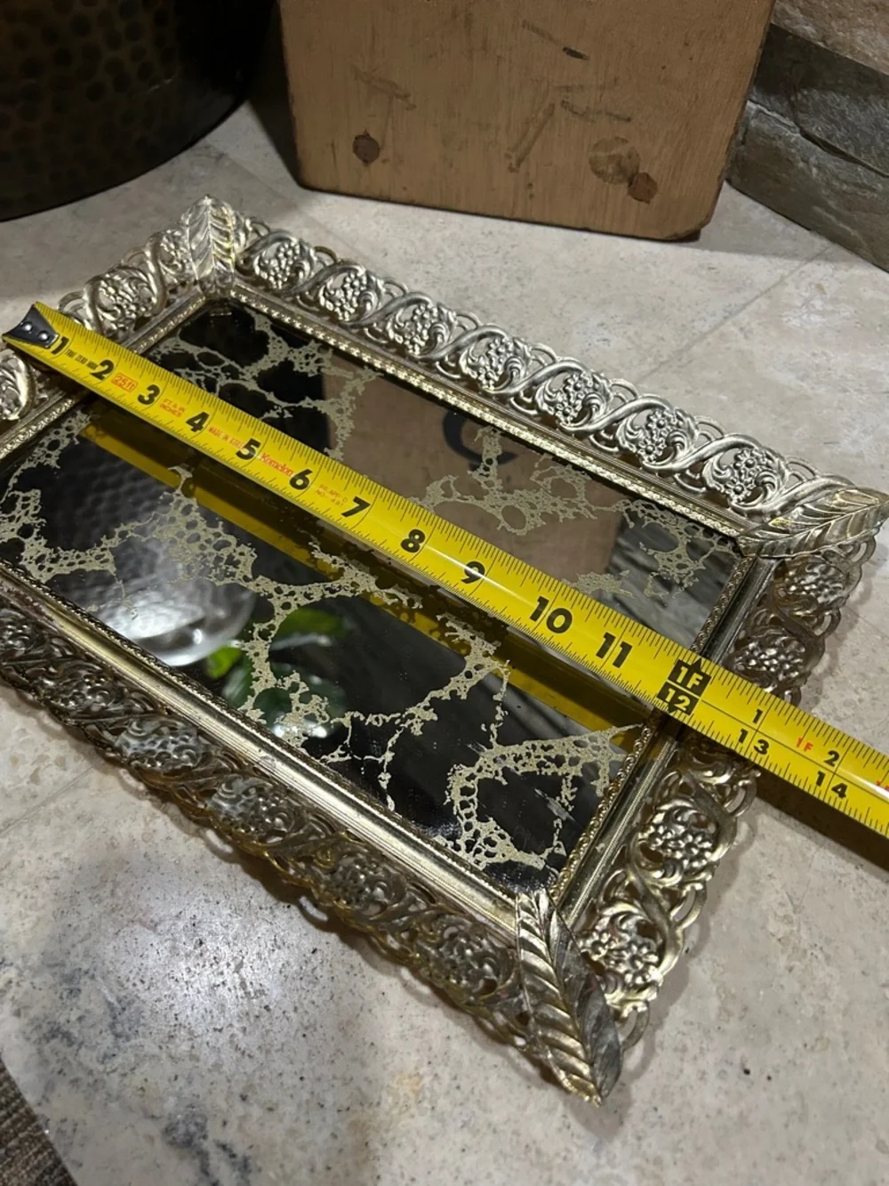 Ornate Vintage Hollywood Regency Gold Filigree Mirrored Vanity Tray